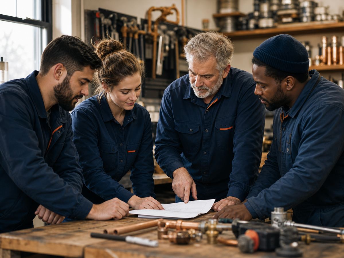 Home-services team reviewing a work order in their workshop