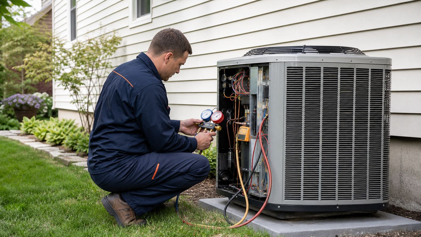 Technician servicing an outdoor air conditioning unit