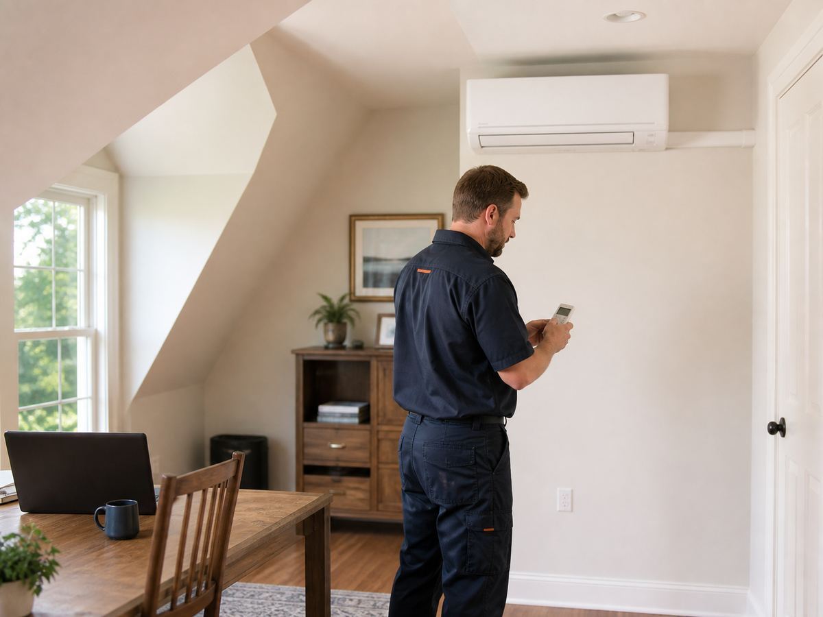 Technician checking a ductless air-conditioning system in an attic office