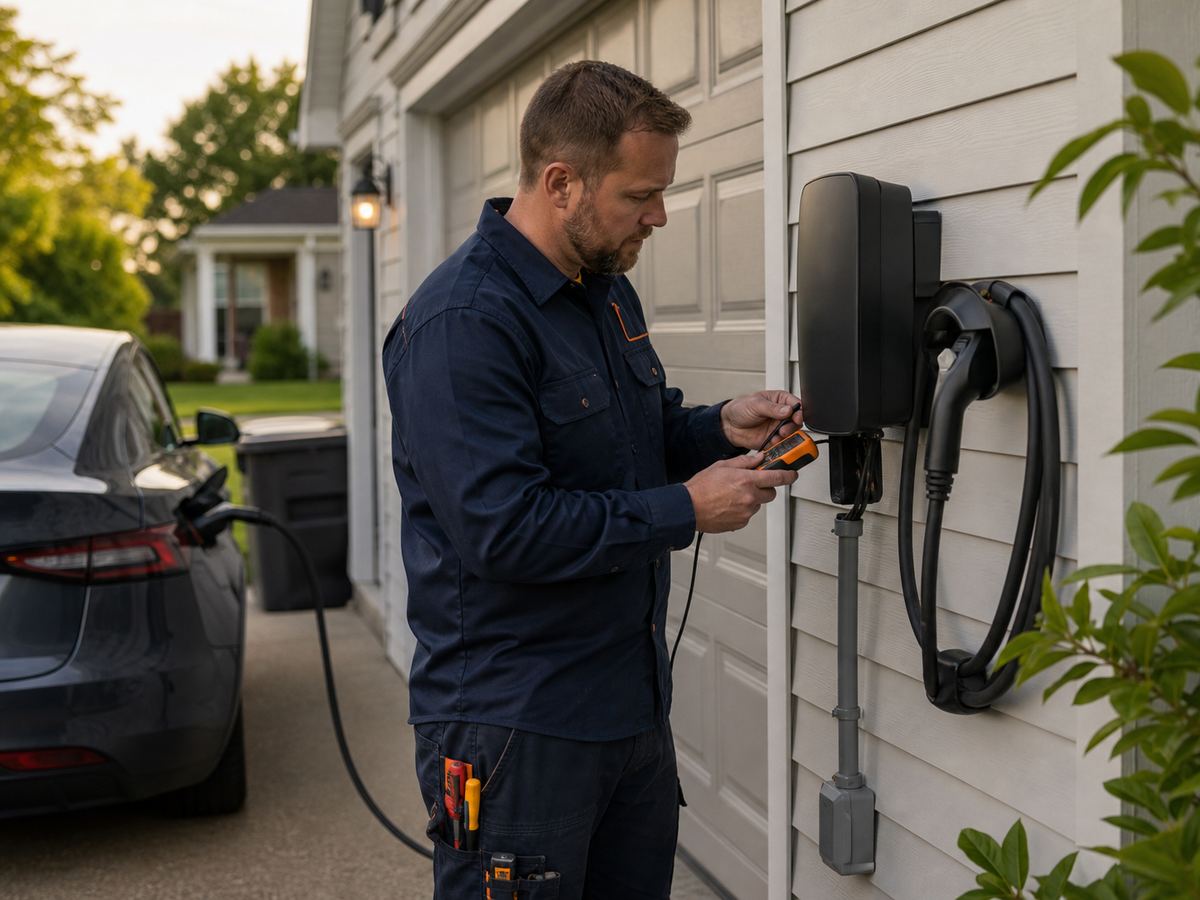 Electrician testing a residential vehicle charger installation