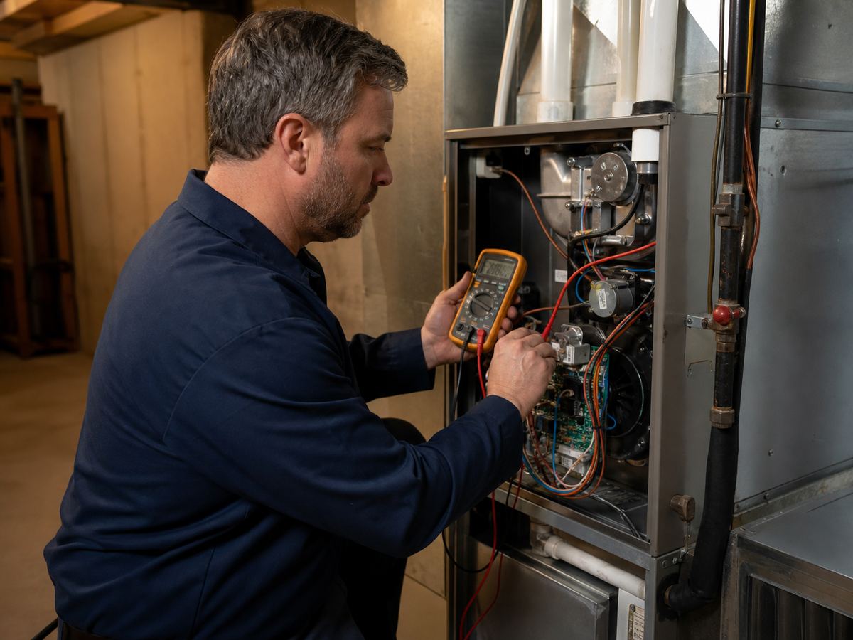 Technician diagnosing a residential furnace