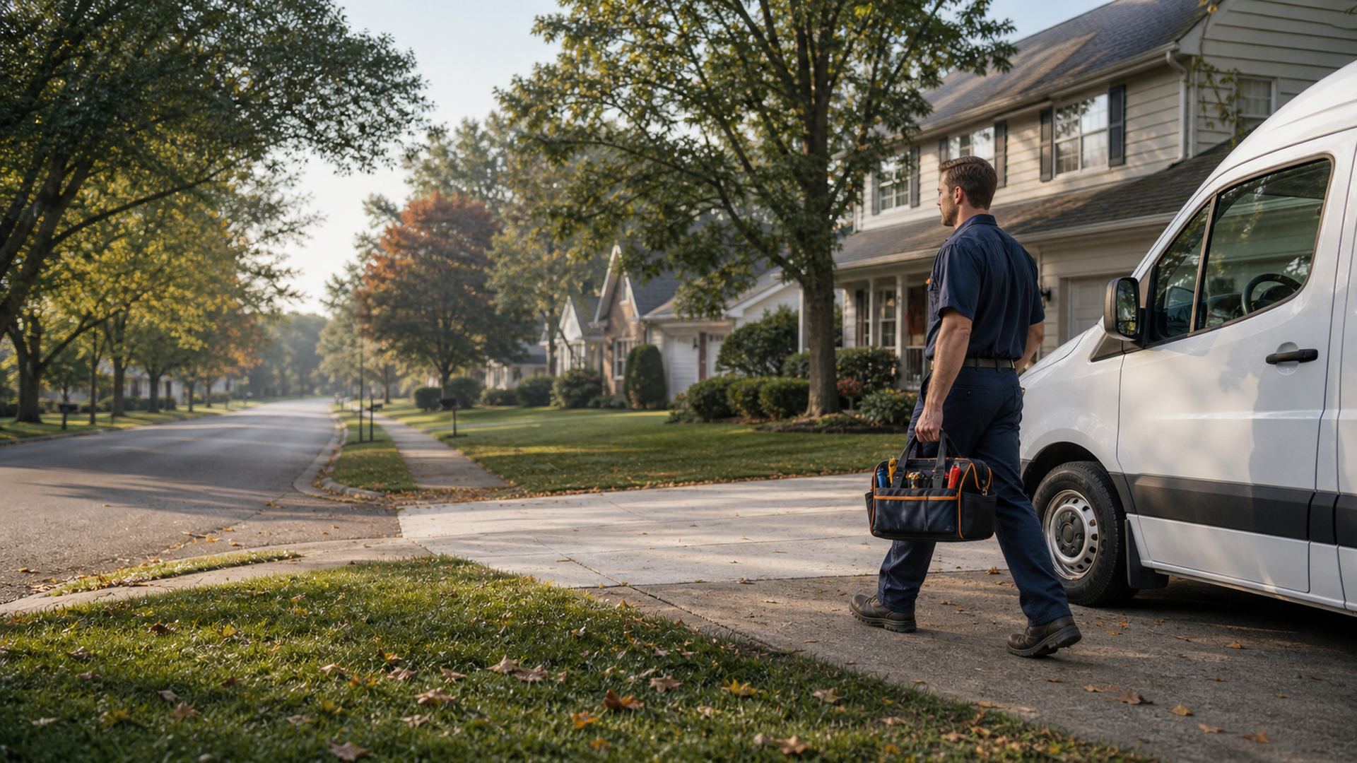 Technician arriving at a Springfield home beside a service van