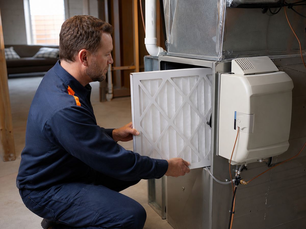 Technician replacing a whole-home media air filter