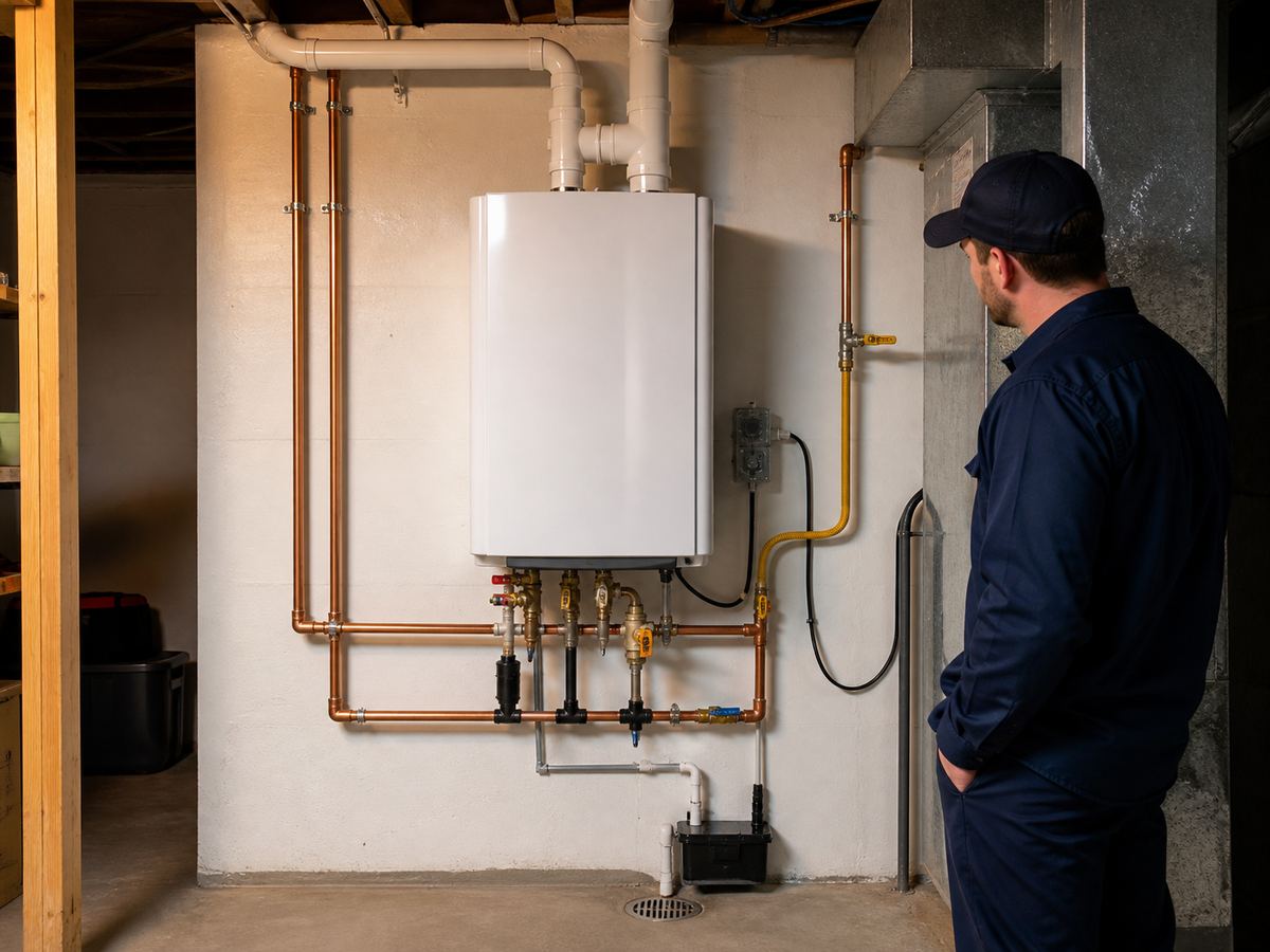 New tankless water heater with neatly routed copper piping