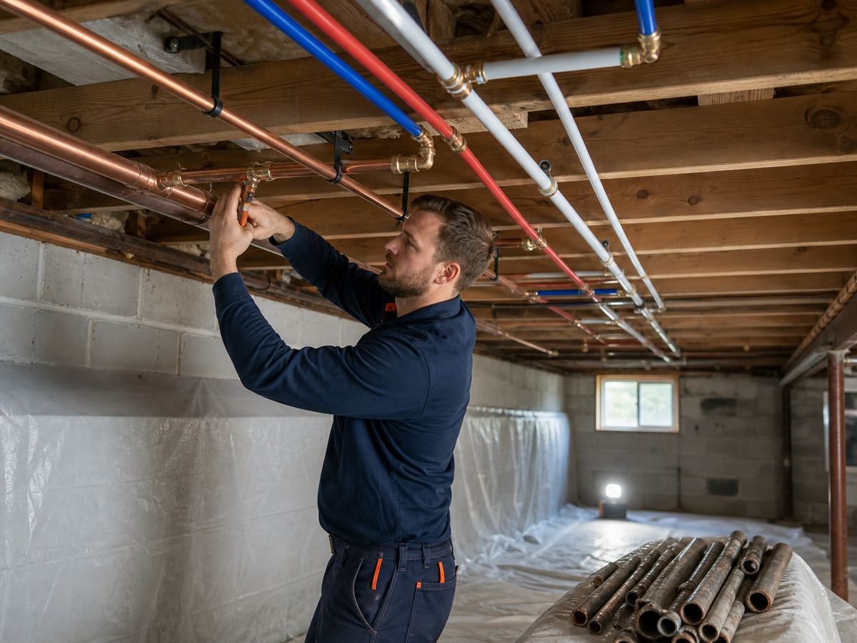 Plumber installing new water lines in a residential basement